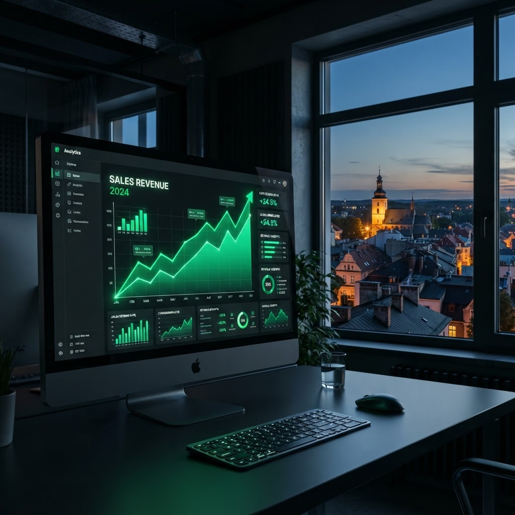 Wykres wzrostu sprzedaży na ekranie dashboardu, zielone dane analityczne SEO dla firm z Pilchowic