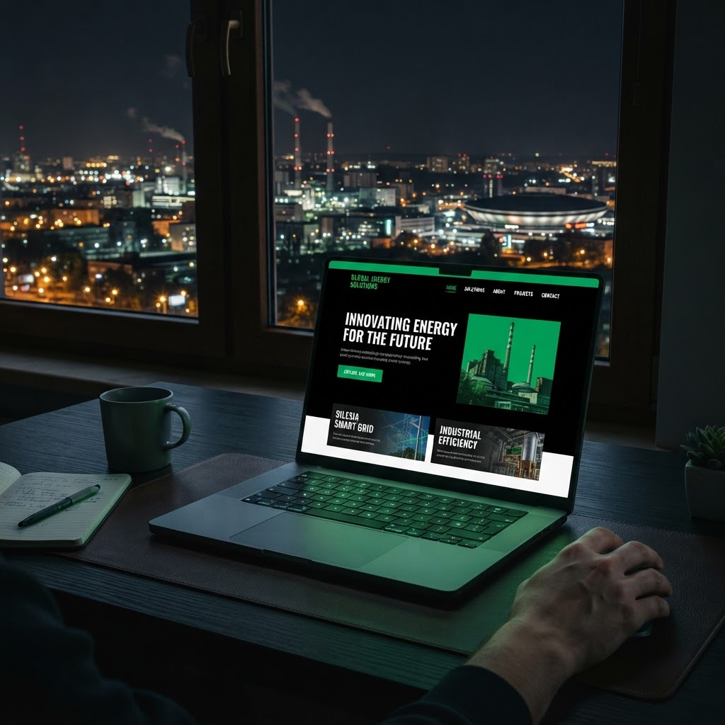 Nowoczesna strona internetowa firmy wyświetlona na laptopie w biurze na Śląsku